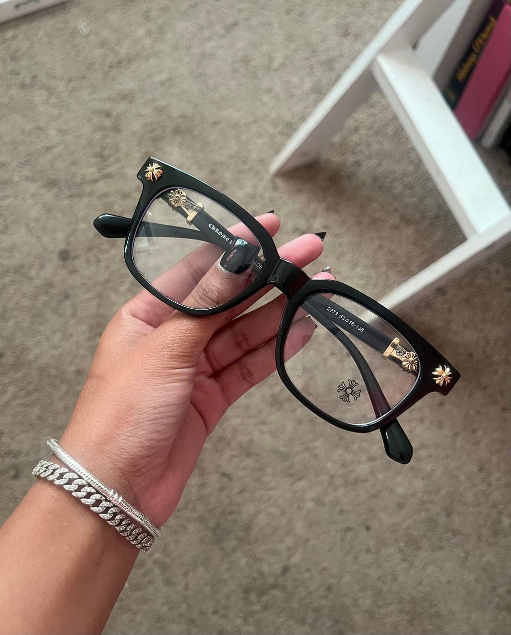 Chrome heart glasses - black & gold badges